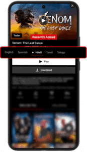 Venom movie on Netflix Mirror App with language options in English, Hindi, Tamil, Telugu – NetMirror App supports multilingual audio and subtitles