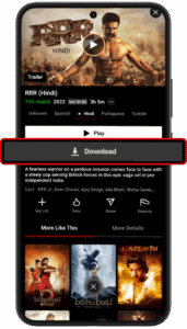 RRR movie in Hindi on Netflix Mirror APK with download option highlighted – NetMirror APK allows offline viewing of popular Bollywood movies