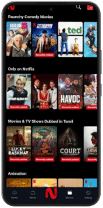 NetMirror APK showing trending movie categories like Raunchy Comedy, Netflix Originals, and Tamil Dubbed Movies – all-in-one Netflix Mirror App with latest OTT content