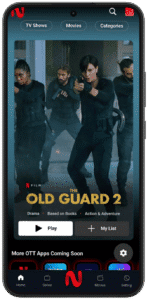 Homepage of NetMirror App showing Featured movie The Old Guard 2 with Play and Add to My List buttons